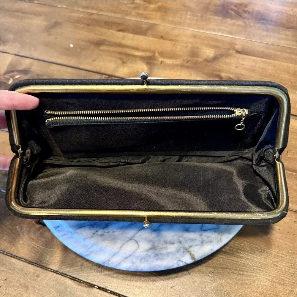 VTG 60s MCM Black Faille Fabric Evening Clutch Purse Gold Kiss Clasp 11.5x4.5